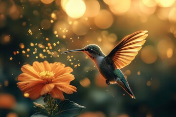 Fototapeta premium Hummingbird hovering in slow motion near a vibrant flower, wings a blur of motion, with delicate pollen particles floating around in golden light