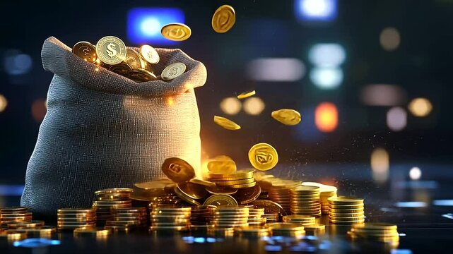 A digital rendering of a money bag tipping over, unleashing a downpour of gold coins