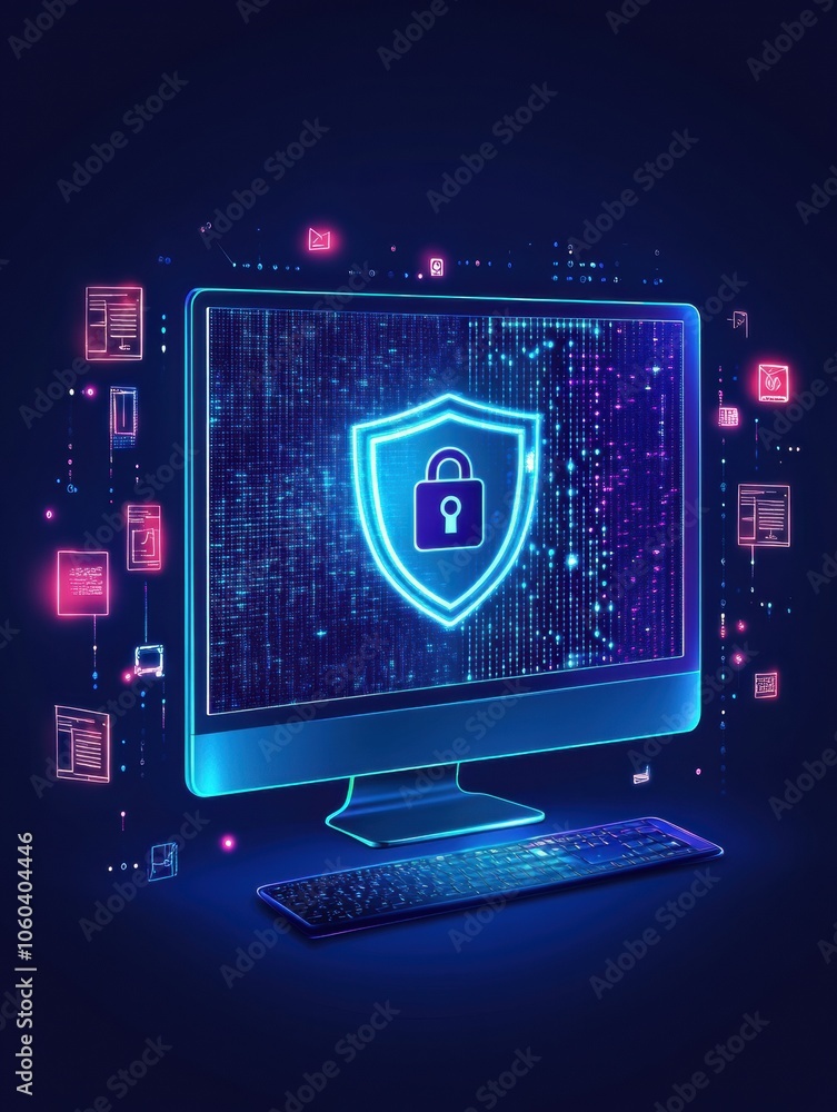 Poster Highlighting a computer monitor with a vibrant shield and lock icon, signifying strong internet security in a virtual workspace. Generative AI