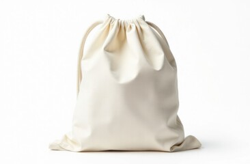 A minimalist white drawstring bag sits prominently against a plain background, showcasing its versatile design ideal for storage, organization, or gifting