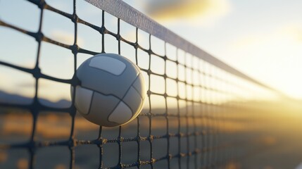 A volleyball is caught in a net during sunset, highlighting a moment in sports.