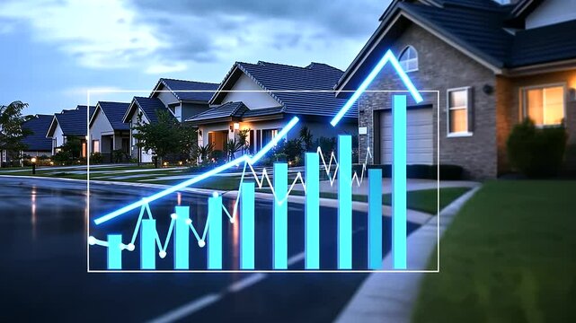A financial graph with rising lines overlaid on an image of suburban houses, representing the growth of investment property,