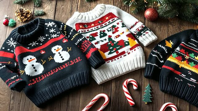 A flat lay of quirky holiday motifs from ugly Christmas sweaters, including colorful patterns of snowmen, candy canes