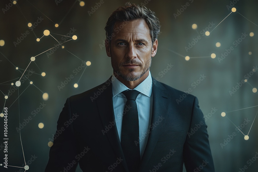 Aufkleber a confident man in a suit stands against a blurred background with an abstract network design.
