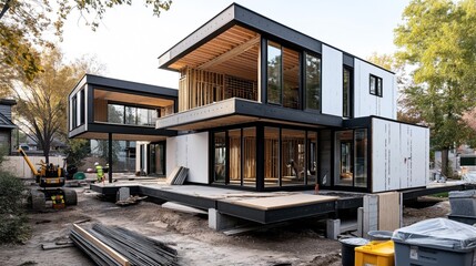 Modern modular home under construction with black steel and white panel exterior, surrounded by trees and construction materials, including machinery and building supplies.