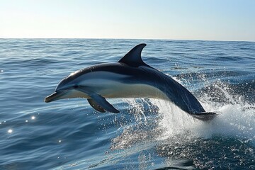 Obraz premium A dolphin leaping out of the ocean in slow motion, water spraying upwards as it arcs towards the sky, sparkling sunlight reflecting off the water surface