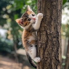 Fototapeta premium A playful kitten climbing a tree, showcasing its curious and adventurous spirit