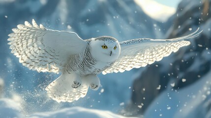 Snowy owl in flight, slowmotion capture of its wings gracefully beating against a snowcovered landscape, feathers gently disturbed by the cold air