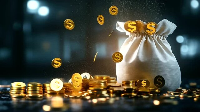 A glowing money bag overflowing with gold coins, cascading down like rain, surrounded by symbols of digital payment in a vibrant display of financial prosperity on a dark background