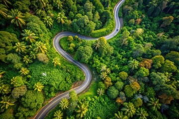 Aerial Drone View of a Jungle Road Amidst Lush Greenery and Scenic Landscape for Fashion Photography Inspiration