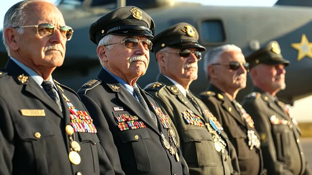A group of veterans of various military branches standing together in front of a military aircraft, proudly wearing their uniforms and medals