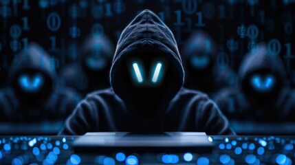 A mysterious figure in a hoodie sits before a computer, surrounded by dark digital themes and binary code, evoking a sense of hacking and cybersecurity.