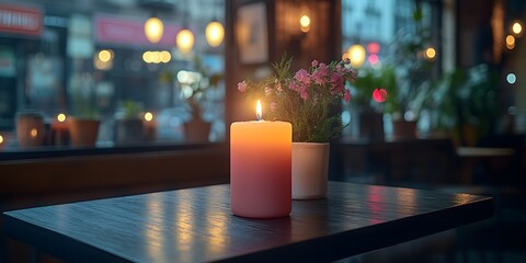 A softly lit candle on a table surrounded by plants in a cozy caf? setting.
