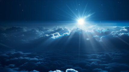 A dark blue sky with a sun rising in the distance. The sky is filled with clouds and the sun is barely visible