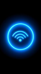 A blue neon cirular, glowing on a black background. The wireless icon for an action or intercom system, with a simple and minimal design and rounded corners