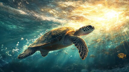 Obraz premium Sea turtle swimming gracefully in slow motion through the crystalclear ocean, rays of sunlight piercing the water, schools of fish surrounding it