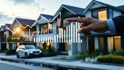 A real estate agent’s hand pointing to a glowing financial chart rising behind a set of modern homes - Powered by Adobe