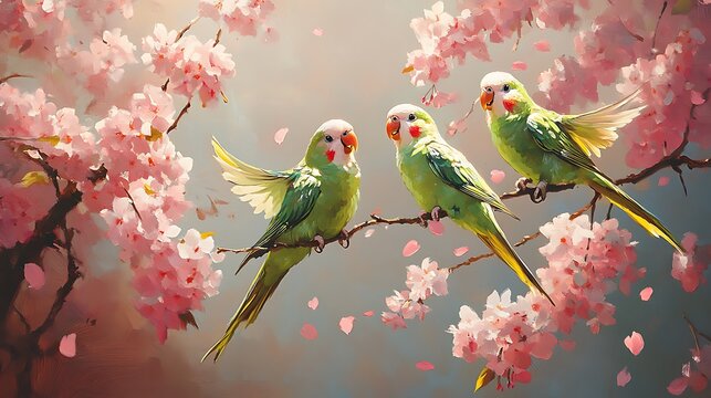 Vibrant green parakeets hopping joyfully among pink cherry blossoms, petals drifting in a gentle breeze, soft sunlight illuminating the feathers and blossoms, lush spring setting, highly detailed.