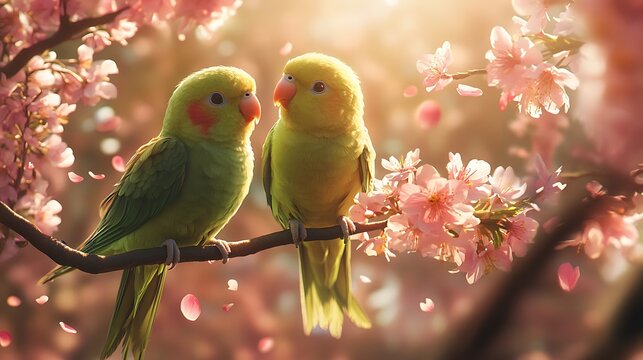 Vibrant green parakeets hopping joyfully among pink cherry blossoms, petals drifting in a gentle breeze, soft sunlight illuminating the feathers and blossoms, lush spring setting, highly detailed.