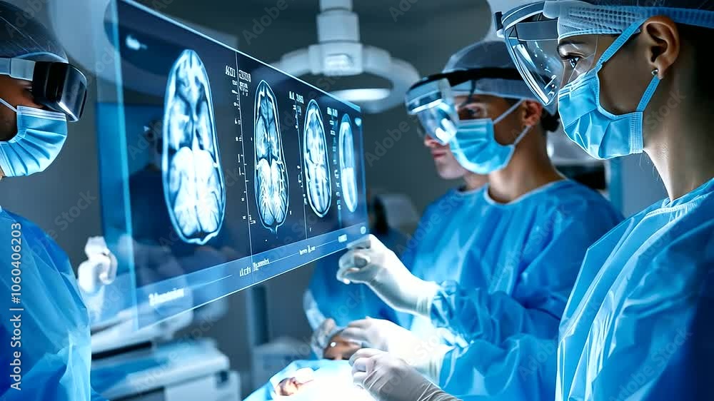 Poster a team of doctors using ar headsets in a modern operating theater, surrounded by holographic display