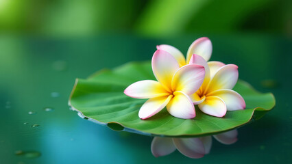 Plumeria flowers on a green leaf floating on the water. SPA concept