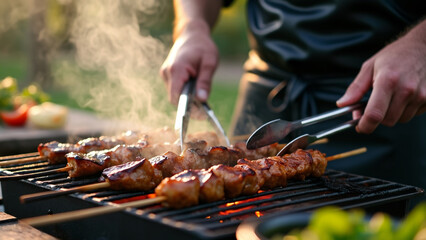 Naklejka premium Chef Grilling Meat on Barbecue for a Lively Outdoor Party, BBQ Cooking Scene. 