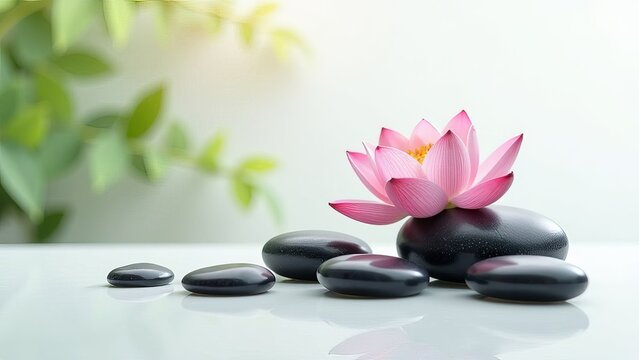 Massage pebbles with lotus flower on a white background.
