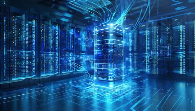 Futuristic data center featuring a glowing server tower surrounded by interconnected servers, illuminated by soft blue light, symbolizing technological advancement.