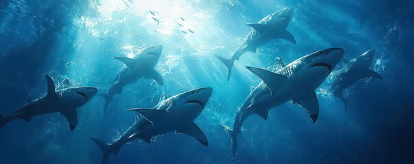 Obraz premium Sharks Circling A group of sharks circling slowly underwater, their powerful bodies gliding through the blue ocean as their sharp fins slice through the water