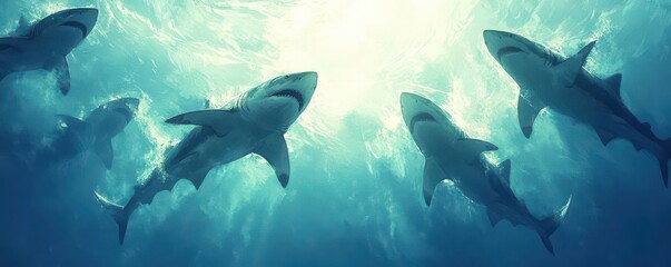 Obraz premium Sharks Circling A group of sharks circling slowly underwater, their powerful bodies gliding through the blue ocean as their sharp fins slice through the water