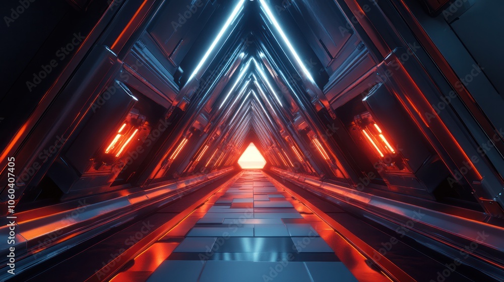 Poster an abstract representation of a triangular spaceship corridor, featuring a blend of sleek metal surf