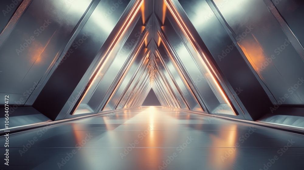 Poster an abstract representation of a triangular spaceship corridor, featuring a blend of sleek metal surf