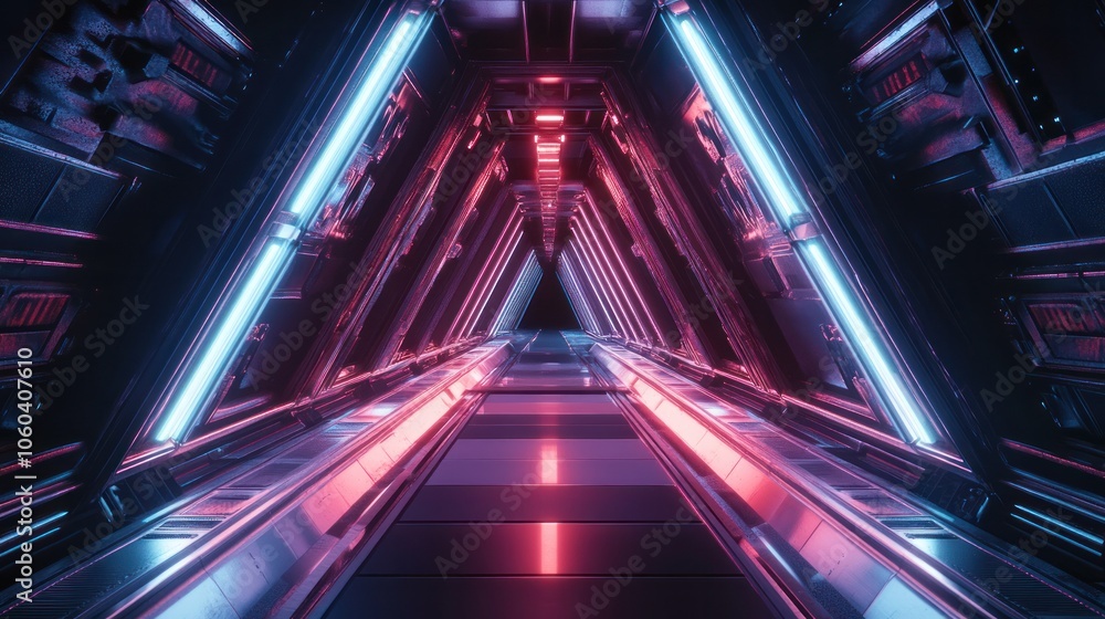 Poster an abstract representation of a triangular spaceship corridor, featuring a blend of sleek metal surf