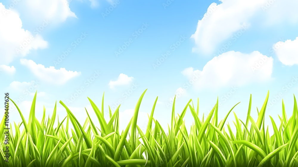 Poster green grass field with blue sky and clouds plain textured background for web design and copy
