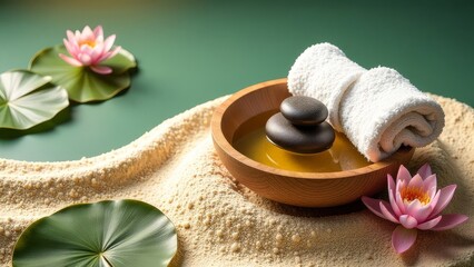 Spa area. Rolls of towels with massage stones.