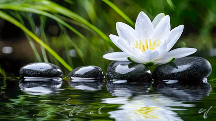 Spa still life featuring a water lily flower gently placed with zen stones, creating a serene and harmonious scene ideal for promoting relaxation, tranquility, and spa experiences.