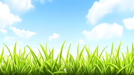 Fototapeta premium Green grass field with blue sky and clouds Plain Textured Background for Web Design and Copy