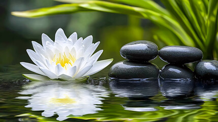 A white lotus flower gracefully set on black zen stones, its reflection mirrored in the water, evoking tranquility and balance. Perfect for wellness, meditation, and peaceful spa themes.
