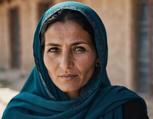 A woman 45 years old in Afghanistan stands confidently, wearing a beautifully patterned scarf. The mountainous landscape emphasizes her strength and connection to her heritage. Generative AI