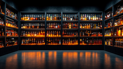 Bottles with alcohol in refrigerated cabinets