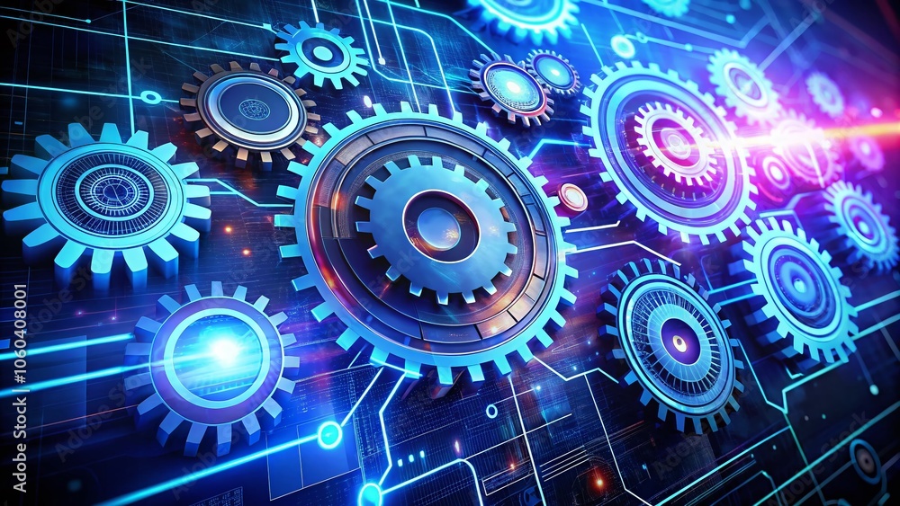 Poster Aerial View of a Futuristic Technology Vector Cogwheel Display Concept Showcasing Digital Innovation and Automation in a Tech-Driven Environment