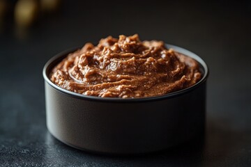 A bowl of smooth, creamy nut butter on a dark surface.