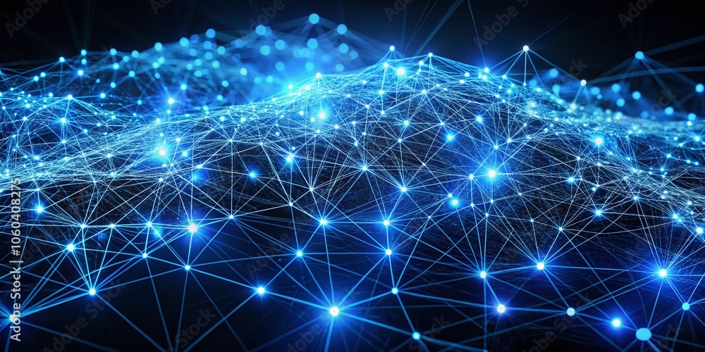 Poster aerial view of a luminous blue network shape on a dark backdrop, representing digital connections an