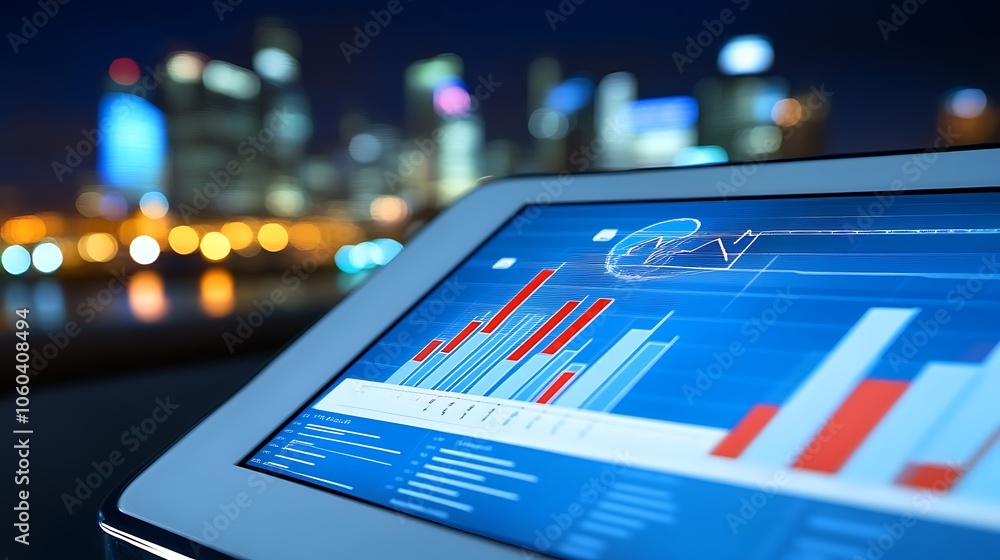 Poster financial data analysis on tablet minimalist white background with space for text