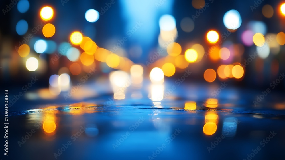 Poster city lights reflection on wet street plain textured background for web design and copy