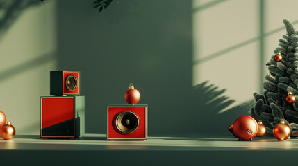 A green wall with a red box and a green box with a round object in the middle. There are also two other boxes and a ball. The image has a festive and cheerful mood, with the red box