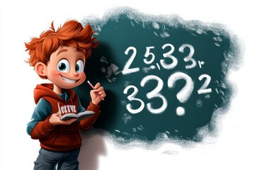 a 2D cartoon illustration of a happy child writing numbers with chalk eager to learn white background