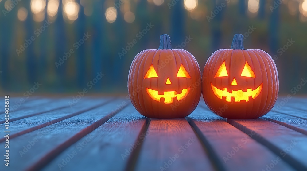 Poster lit jack o' lanterns on wooden deck subtle blur background with space for custom text