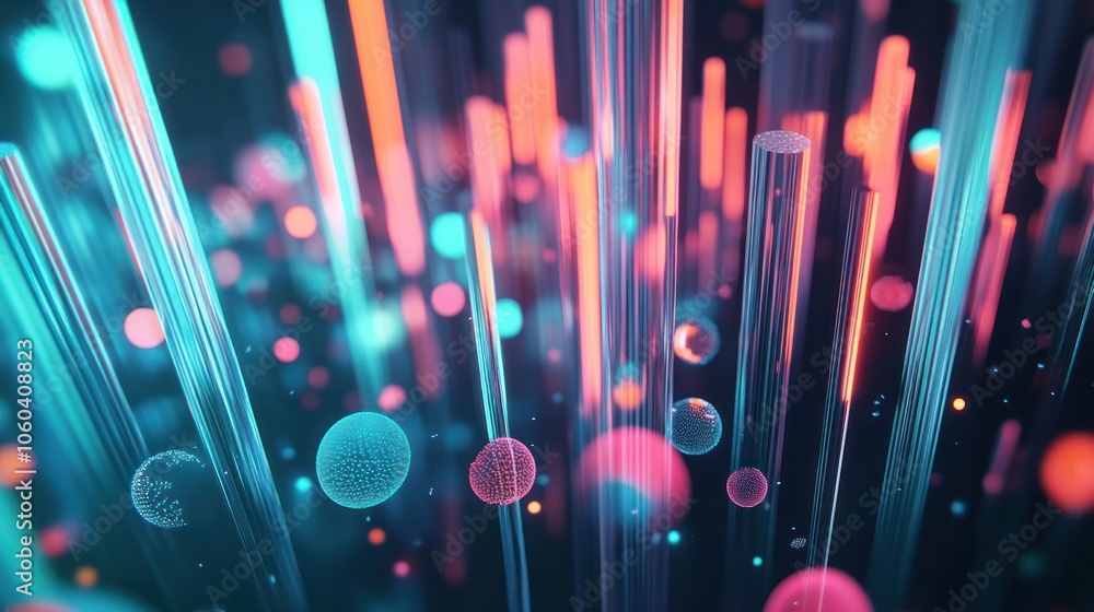 Poster a data visualization scene, where translucent bars and spheres float in a virtual space, representin