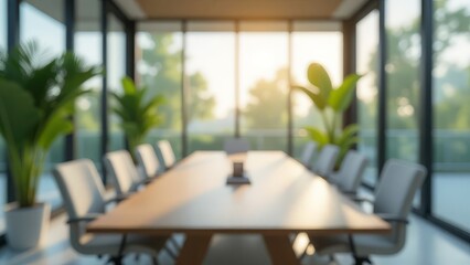 The blurred office conference room is bright with large windows and greenery.